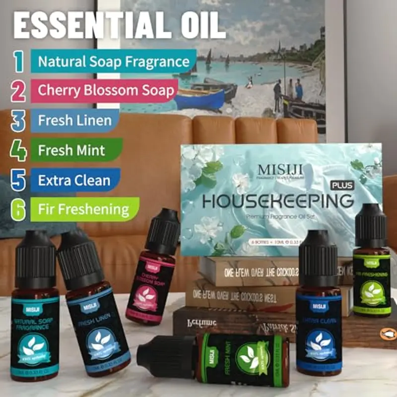 Set di oli essenziali per diffusore, fragranza di sapone naturale, sapone ai fiori di ciliegio, menta fresca, lino miniatura 2