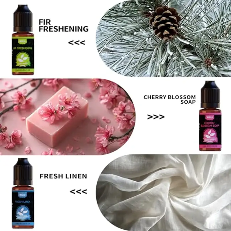 Set di oli essenziali per diffusore, fragranza di sapone naturale, sapone ai fiori di ciliegio, menta fresca, lino miniatura 3
