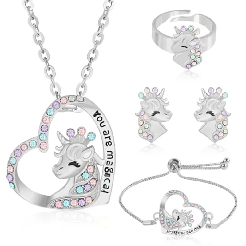 Set Gioielli Bambina Unicorno,4pcs Set di Gioielli Unicorno,Set di Gioielli di Unicorno Include Collana, Anelli, Braccialetti, Orecchini Regalo Creativo per Ragazze, Gioielli per Bambini (Argento)