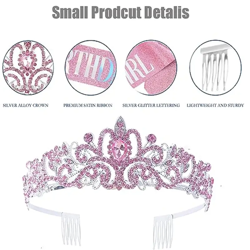Set Tiara e Fascia per Compleanno di Ragazza e Donna - Con Strass, Decorazione per Compleanno (Rosa) miniatura 3