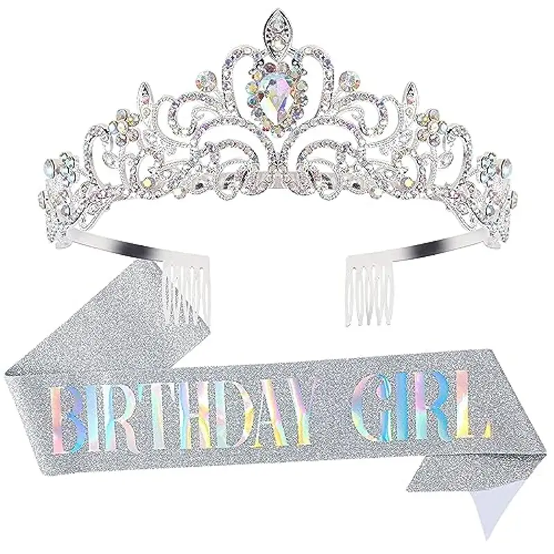 Set tiara per compleanno e ragazza, fascia per tiara con strass, fascia di compleanno e fascia per tiara per ragazze e donne, decorazione di compleanno (argento)
