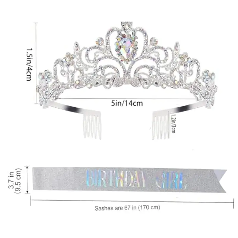Set tiara per compleanno e ragazza, fascia per tiara con strass, fascia di compleanno e fascia per tiara per ragazze e donne, decorazione di compleanno (argento) miniatura 2