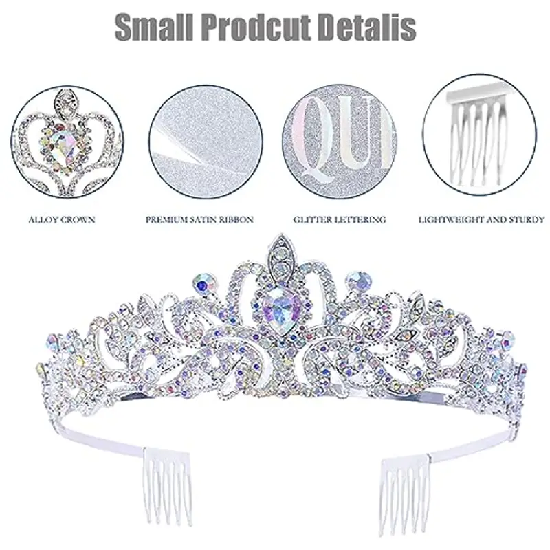 Set tiara per compleanno e ragazza, fascia per tiara con strass, fascia di compleanno e fascia per tiara per ragazze e donne, decorazione di compleanno (argento) miniatura 3