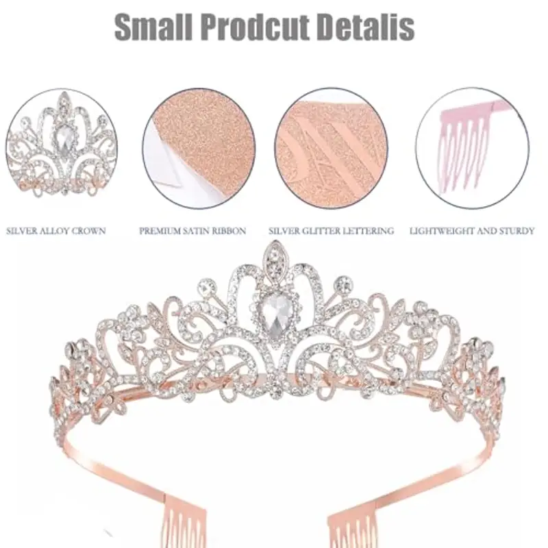 Set tiara per compleanno e ragazza, fascia per tiara con strass, fascia di compleanno e fascia per tiara per ragazze e donne, decorazione di compleanno (oro rosa) miniatura 2