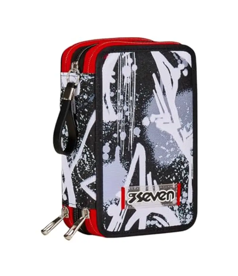 Seven Astuccio 3 Scomparti, Nero, Triplo Scomparto, Completo di Matite, Pennarelli, Colori, Accessori Zaino,