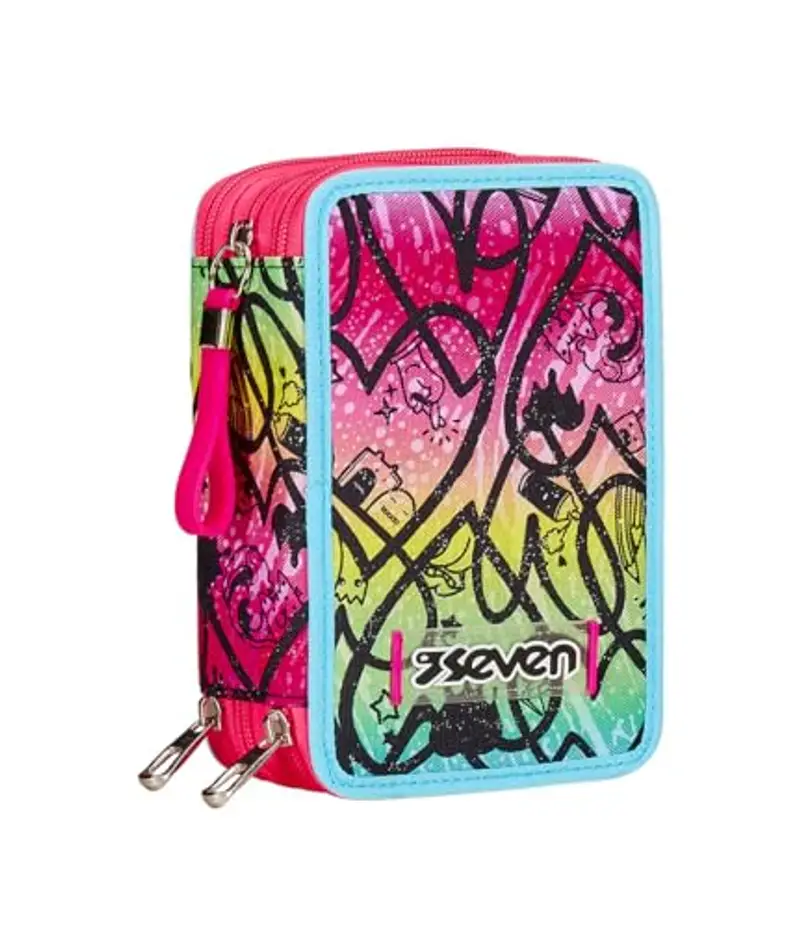 Seven Astuccio 3 Scomparti, Rosa, Triplo Scomparto, Completo di Matite, Pennarelli, Colori, Accessori Zaino, Elementari, Medie, Superiori, Bambina e Ragazza