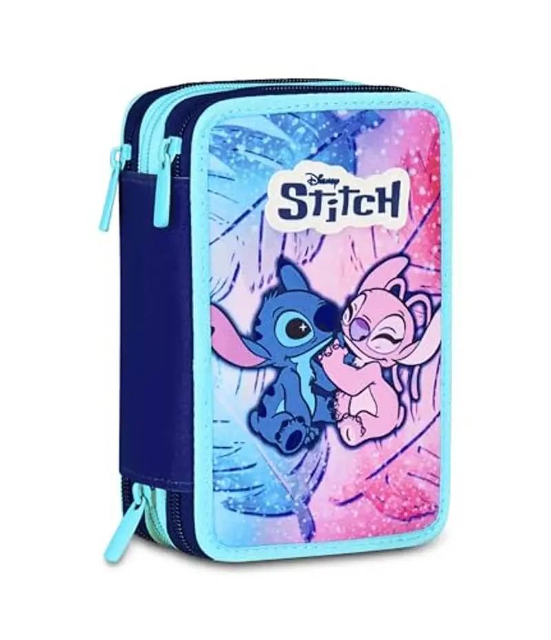 Seven Astuccio Lilo & Stitch Scuola 3 Zip, Celeste e Rosa, Portapenne Triplo Scomparto Completo Di Penne, Matite, Colori, Scuole Elementari, Bambina