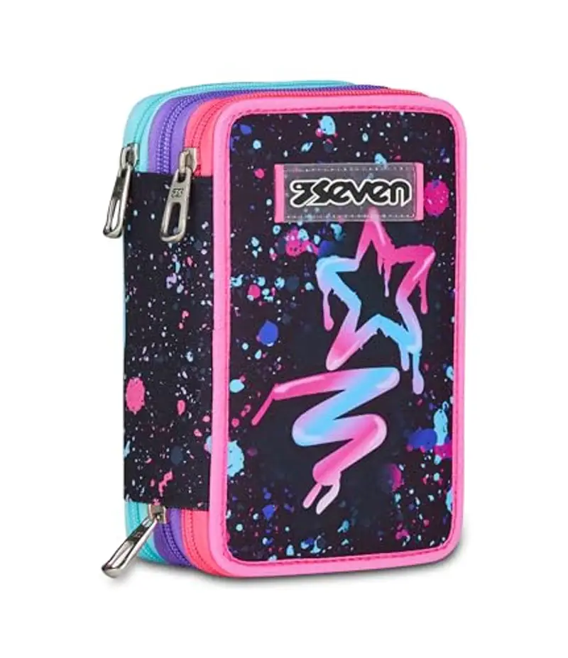 Seven Astuccio Scuola 3 Zip, Nero, Portapenne Triplo Scomparto Completo Di Penne, Matite, Colori, Accessori Zaino, Scuole Elementari, Bambina