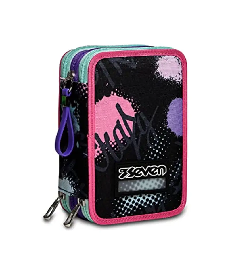 Seven Astuccio Scuola 3 Zip, Rosa e Nero, Pinkypois Girl, Triplo Scomparto Completo di Matite, Penne e Pennarelli,