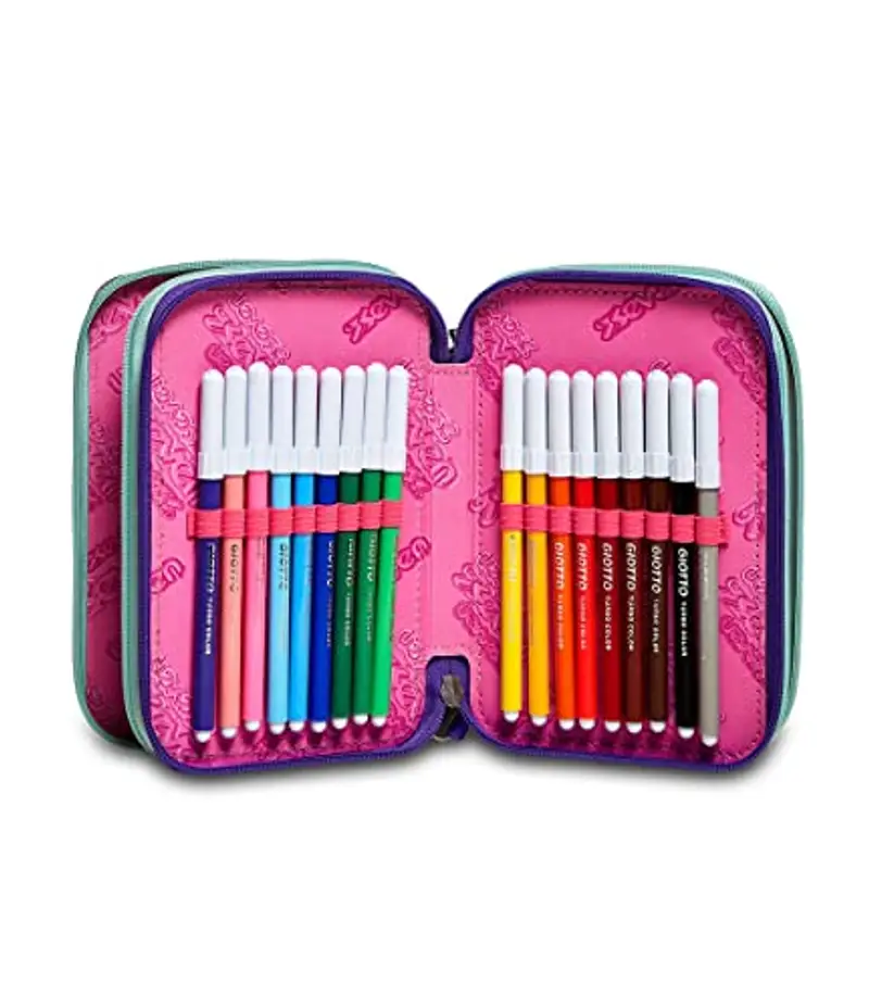 Seven Astuccio Scuola 3 Zip, Rosa e Nero, Pinkypois Girl, Triplo Scomparto Completo di Matite, Penne e Pennarelli miniatura 3