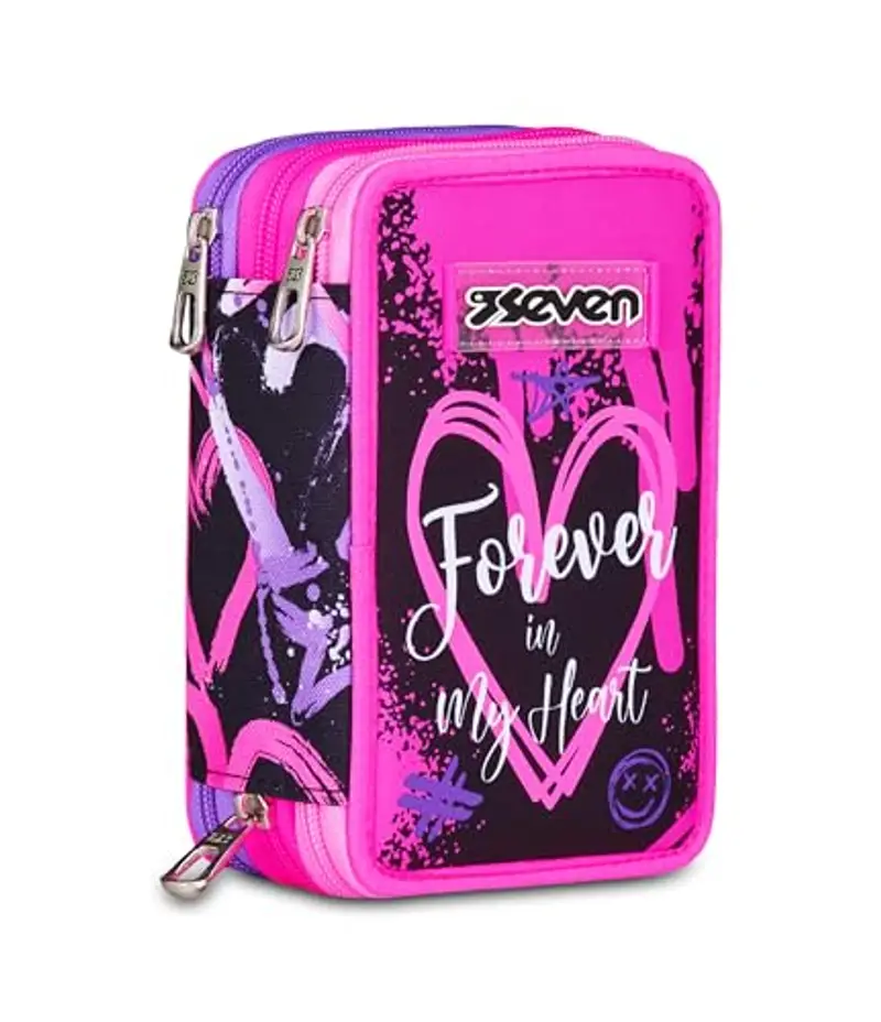 Seven Astuccio Scuola 3 Zip, Rosa, Portapenne Triplo Scomparto Completo Di Penne, Matite, Colori, Accessori Zaino, Scuole Elementari, Bambina