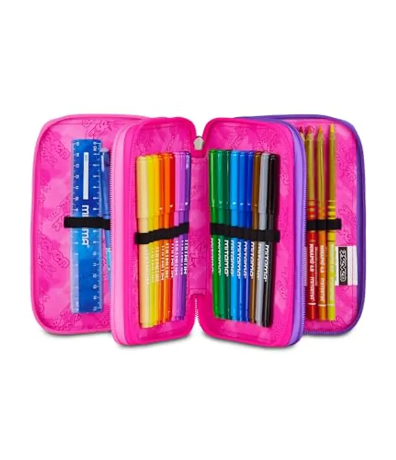 Seven Astuccio Scuola 3 Zip, Rosa, Portapenne Triplo Scomparto Completo Di Penne, Matite, Colori, Accessori Zaino, Scuole Elementari, Bambina miniatura 2