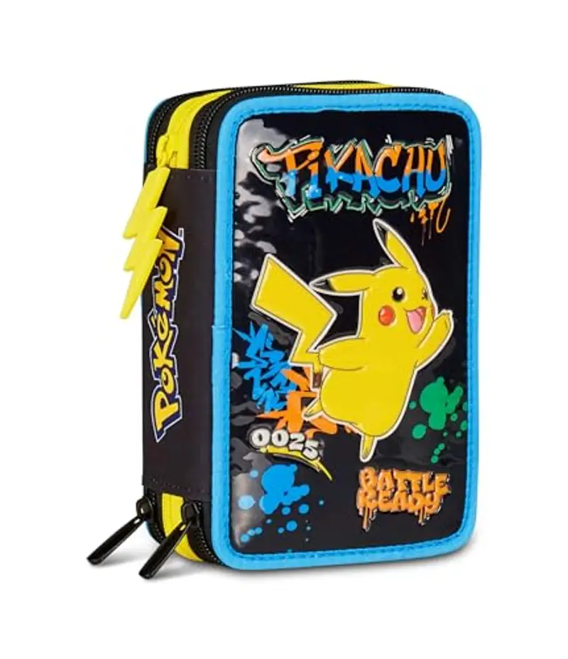Seven Astuccio Scuola Pokemon 3 Zip, Nero, Portapenne Triplo Scomparto Completo Di Penne, Matite, Colori, Accessori, Scuole Elementari, Bambino