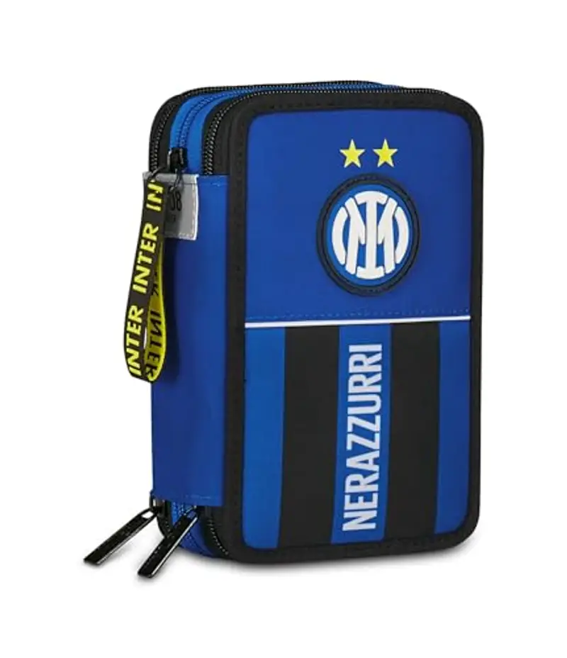 Seven Inter Astuccio Scuola 3 Zip, Blu, Portapenne Triplo Scomparto Completo Di Penne, Matite, Colori, Scuola Elementare, Bambino, calcio