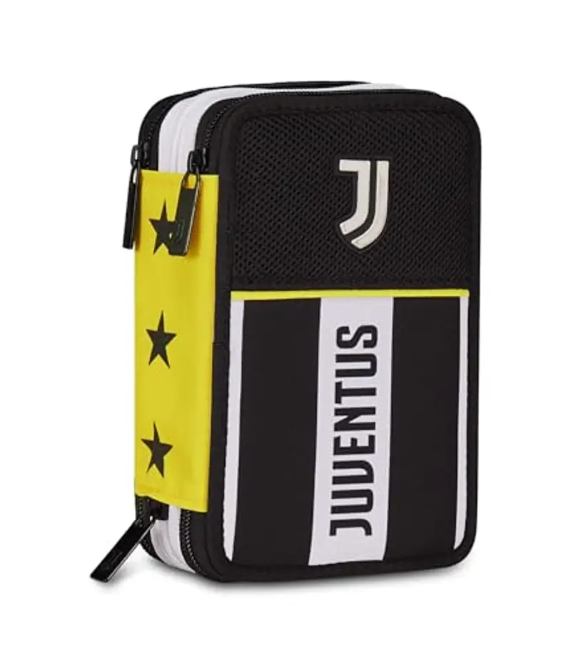 Seven Juventus Astuccio Scuola 3 Zip, Nero, Portapenne Triplo Scomparto Completo Di Penne, Matite, Colori, Scuola Elementare, Bambino, Calcio