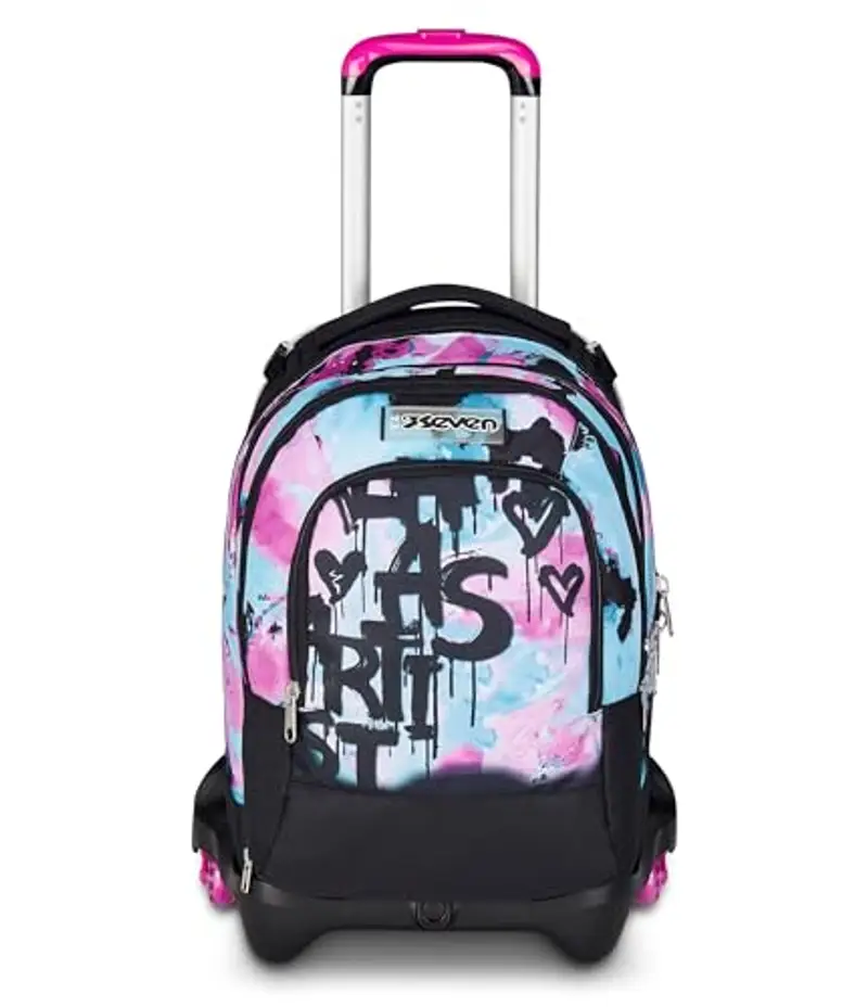 Seven Trolley Scuola Jack 3 Ruote Detach, Azzurro Fucsia, Zaino Con Carrello Sganciabile da 37 L Tasca Borraccia, Zainetto Staccabile, Multiuso e Spazioso, Scuola Elementare e Media, Zaino Bambina