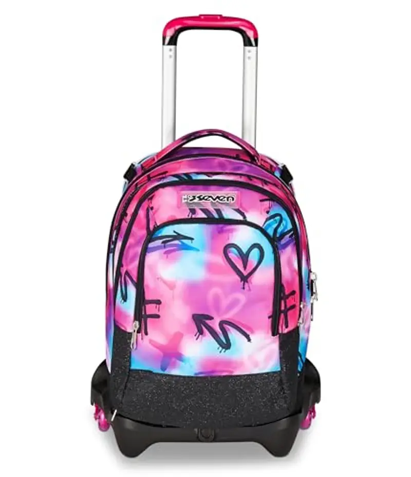 Seven Trolley Scuola Jack 3 Ruote Detach, Fucsia Azzurro, Zaino Con Carrello Sganciabile Da 37 Litri, Tasca Borraccia, Zainetto Staccabile, Multiuso e Spazioso, Per Elementari e Media, Bambina