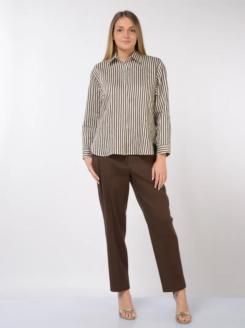 camicia da donna Seventy in misto lino a righe MARRON miniatura 2