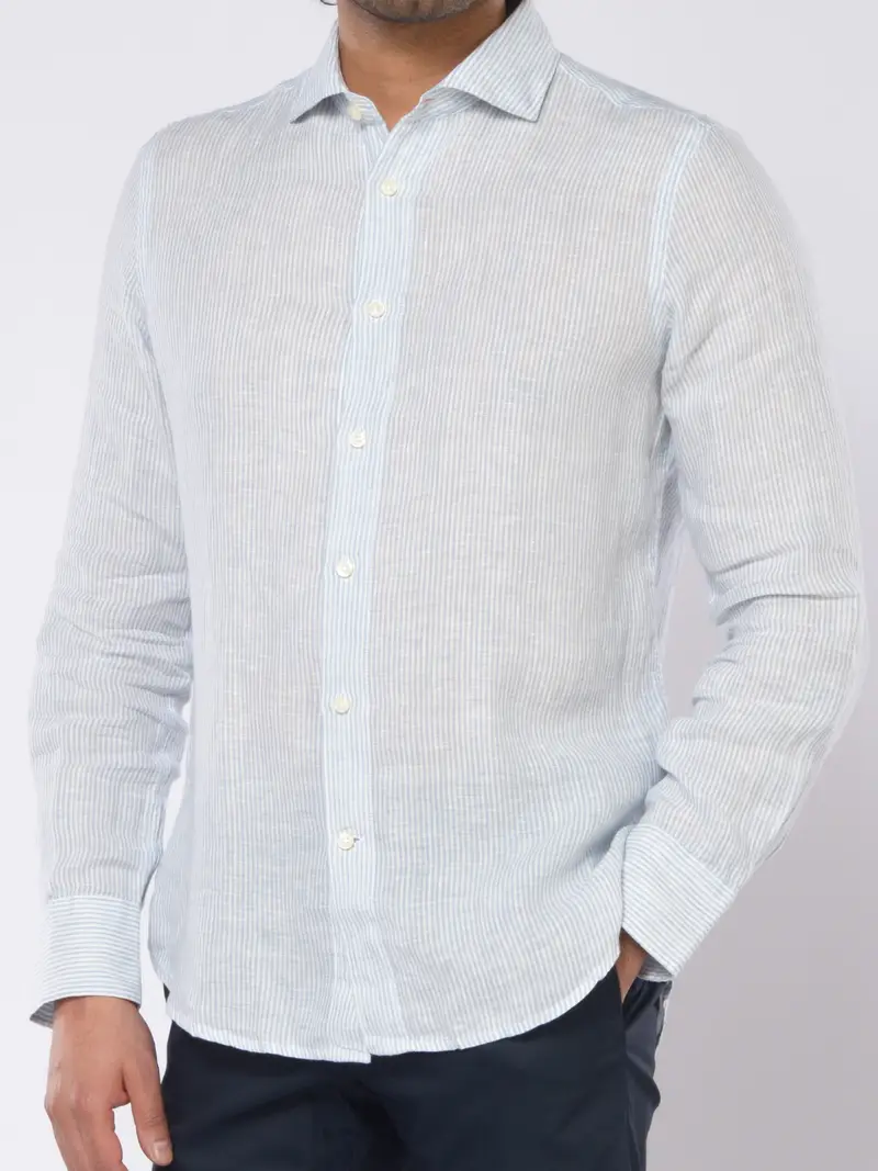 camicia da uomo Seventy in lino a righe TURCHESE