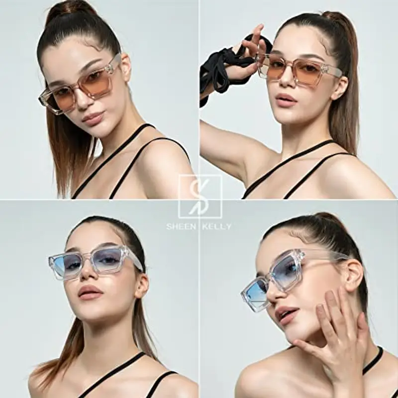 SHEEN KELLY Retangle spesse con occhiali da sole robusti rettangolari per donne uomini alla moda classici stretti piazza nera di tartaruga telaio in tela da sole miniatura 3