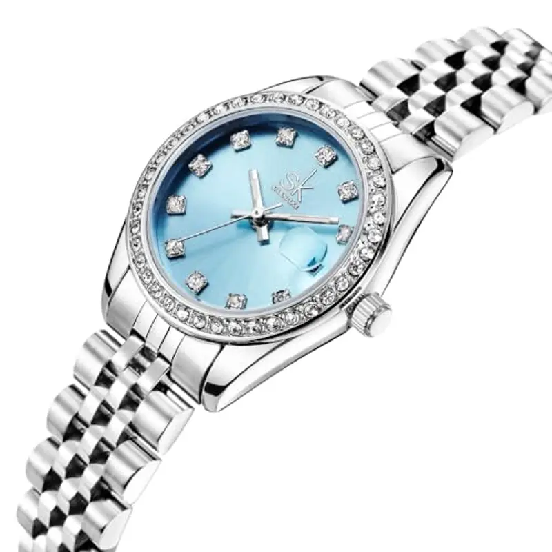 SHENGKE Donna cristallo accentato con banda in lega d'acciaio solido orologio Elegante vestito orologi al quarzo calendario per le donne (Argento e blu cielo) miniatura 3