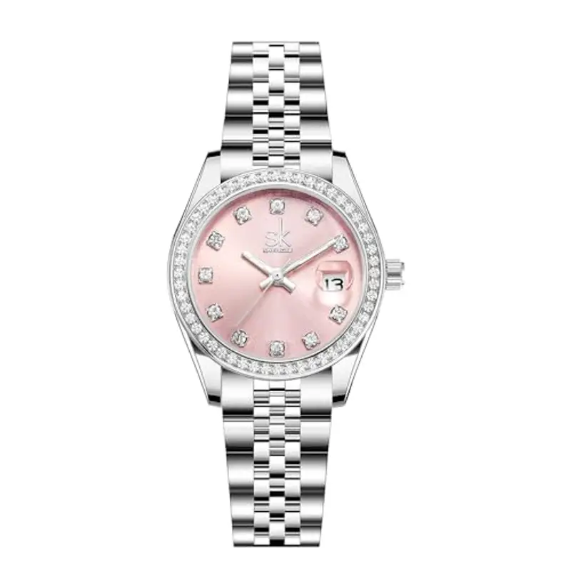 SHENGKE Donna cristallo accentato con banda in lega d'acciaio solido orologio Elegante vestito orologi al quarzo calendario per le donne (Argento-rosa)