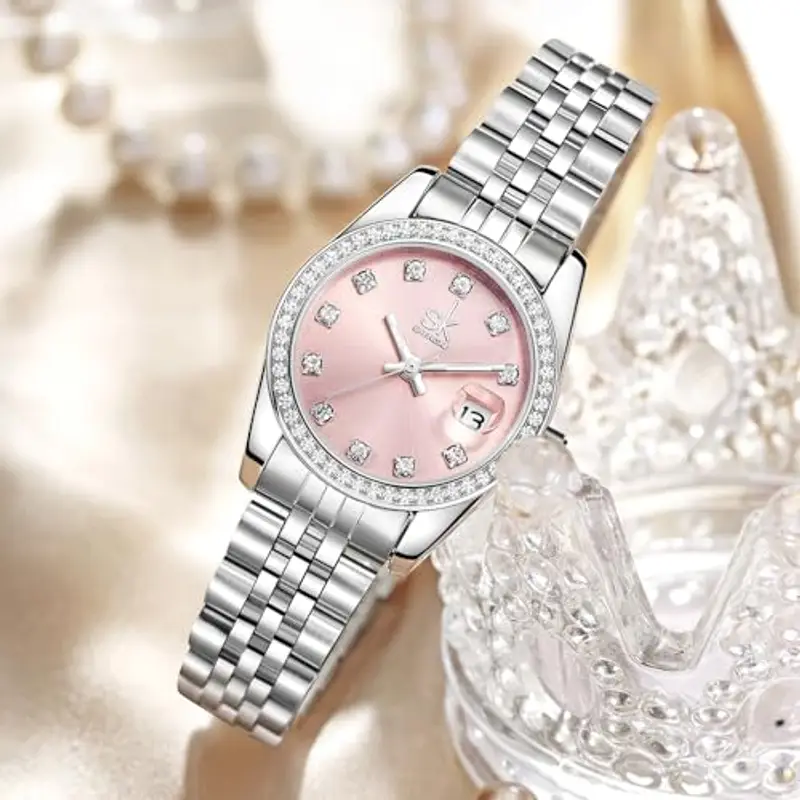 SHENGKE Donna cristallo accentato con banda in lega d'acciaio solido orologio Elegante vestito orologi al quarzo calendario per le donne (Argento-rosa) miniatura 2
