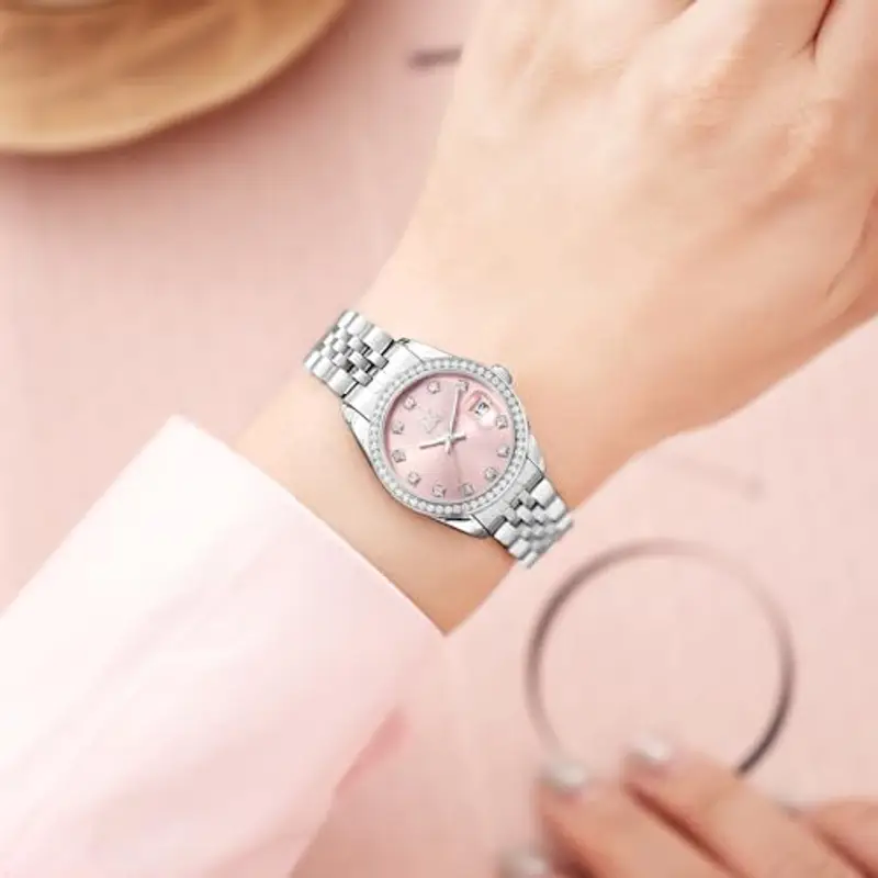 SHENGKE Donna cristallo accentato con banda in lega d'acciaio solido orologio Elegante vestito orologi al quarzo calendario per le donne (Argento-rosa) miniatura 3