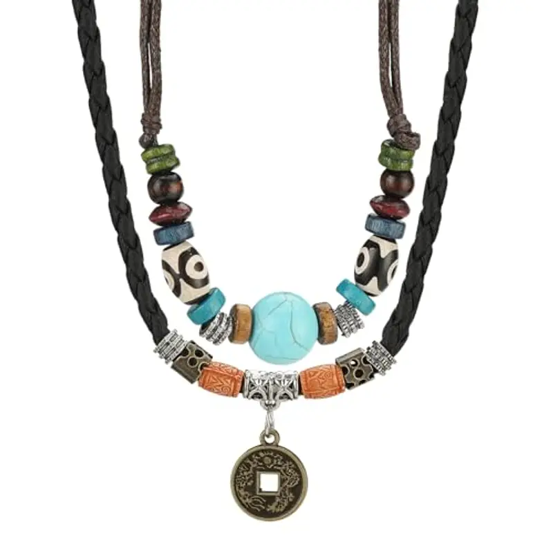 SHIEAGLELD Collana Uomo, Collana Intrecciata in Pelle, Collana con Pendente da Donna perline di etnico stile bohémien vintage Collana, Lunghezza Regolabile Con Esclusivo Portagioie