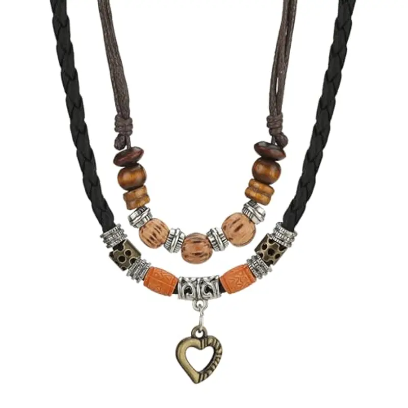 SHIEAGLELD Collana Uomo, Collana Intrecciata in Pelle, Collana con Pendente da Donna perline di etnico stile bohémien vintage Collana, Lunghezza Regolabile Con Esclusivo Portagioie