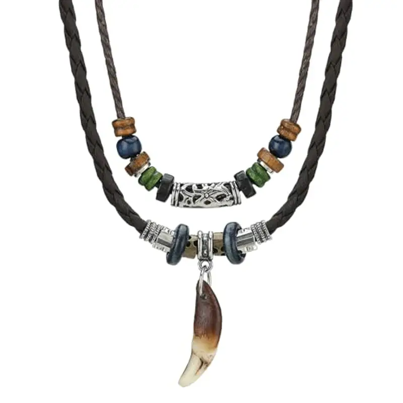 SHIEAGLELD Collana Uomo, Collana Intrecciata in Pelle, Collana con Pendente da Donna perline di etnico stile bohémien vintage Collana, Lunghezza Regolabile Con Esclusivo Portagioie