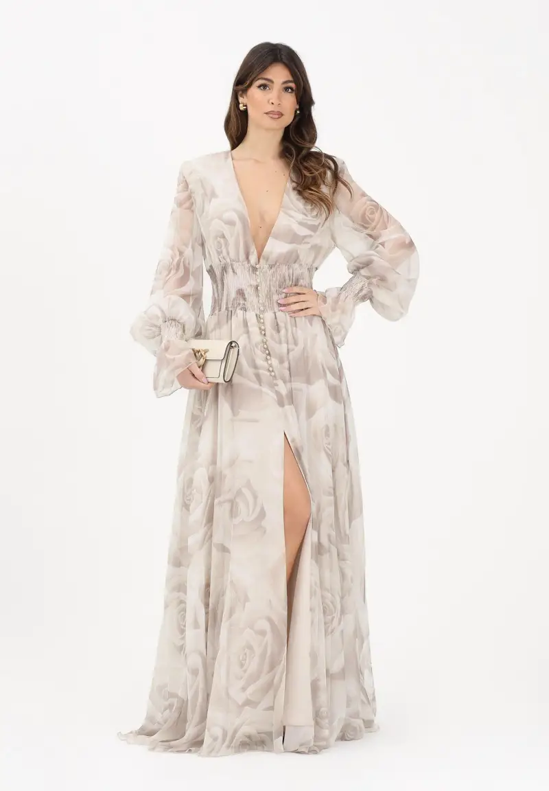 Abito lungo beige da donna con delicata fantasia floreale miniatura 2