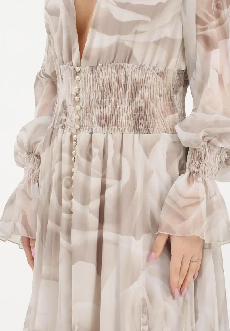 Abito lungo beige da donna con delicata fantasia floreale miniatura 3