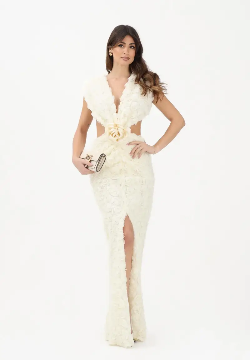 Abito lungo crema da donna con motivo di rosette in rilievo 3D miniatura 2