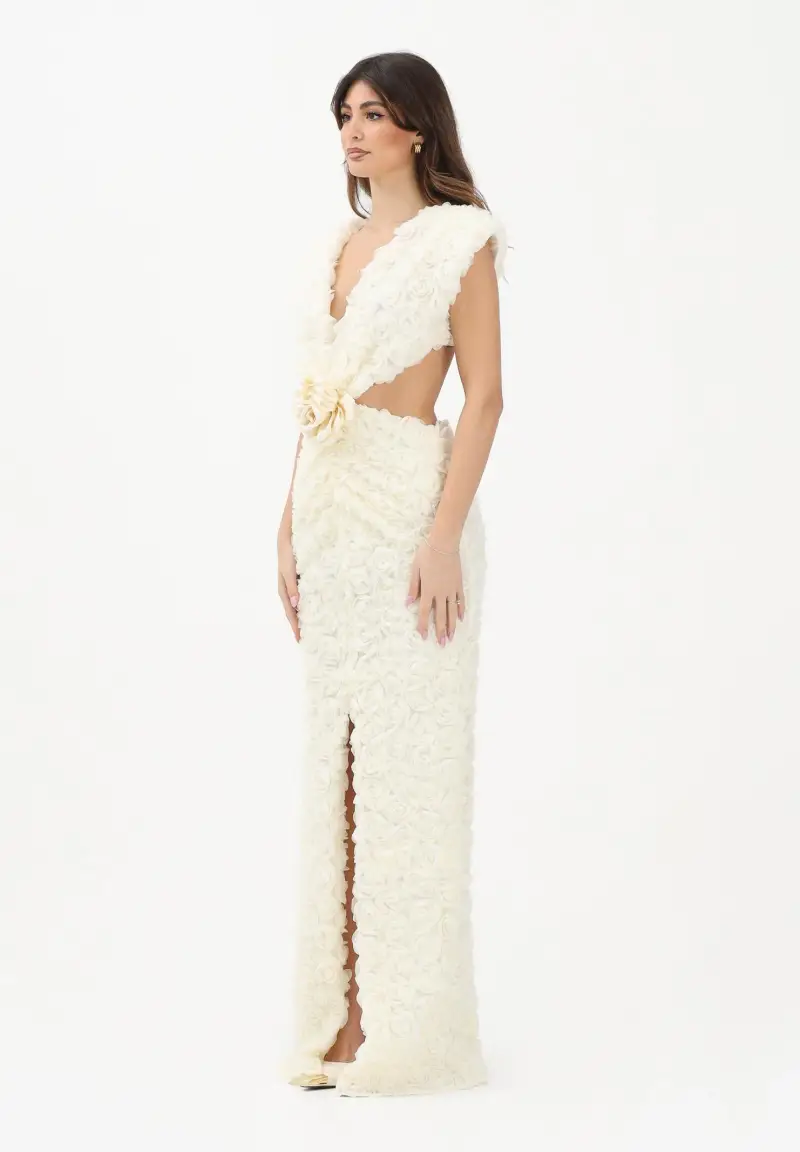 Abito lungo crema da donna con motivo di rosette in rilievo 3D