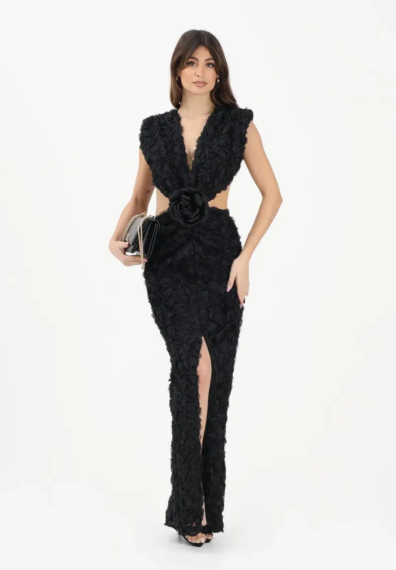 Abito lungo nero da donna con motivo di rosette in rilievo 3D miniatura 2