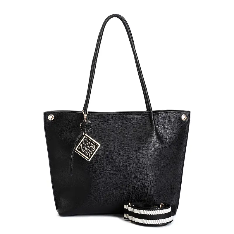 shopping bag in materiale con grana e tracolla removibile in nastro nero