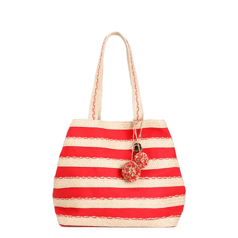 shopping bag in raffia e canvas, con charm con pompon corallo taglia unica