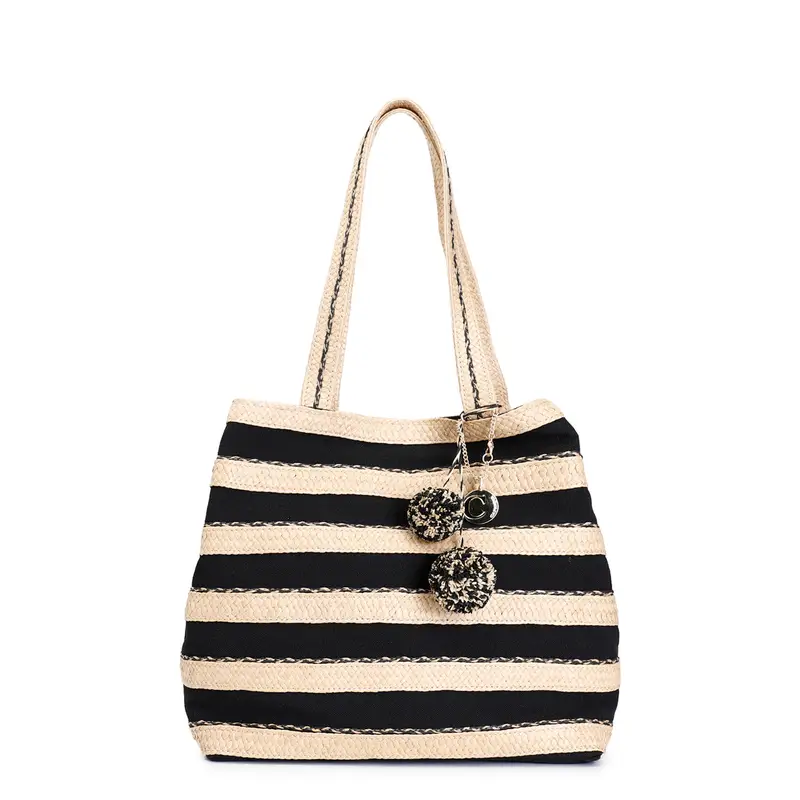 shopping bag in raffia e canvas, con charm con pompon nero