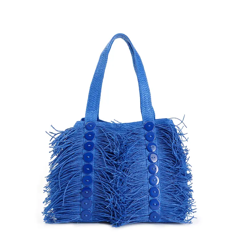 shopping bag in rafia con frange e bottoni decorativi blu