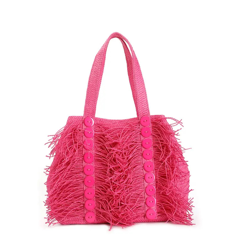 shopping bag in rafia con frange e bottoni decorativi fuxia taglia unica