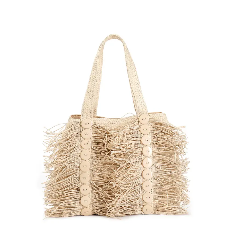 shopping bag in rafia con frange e bottoni decorativi naturale