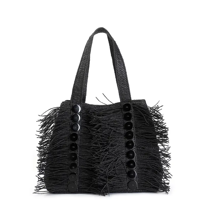 shopping bag in rafia con frange e bottoni decorativi nero
