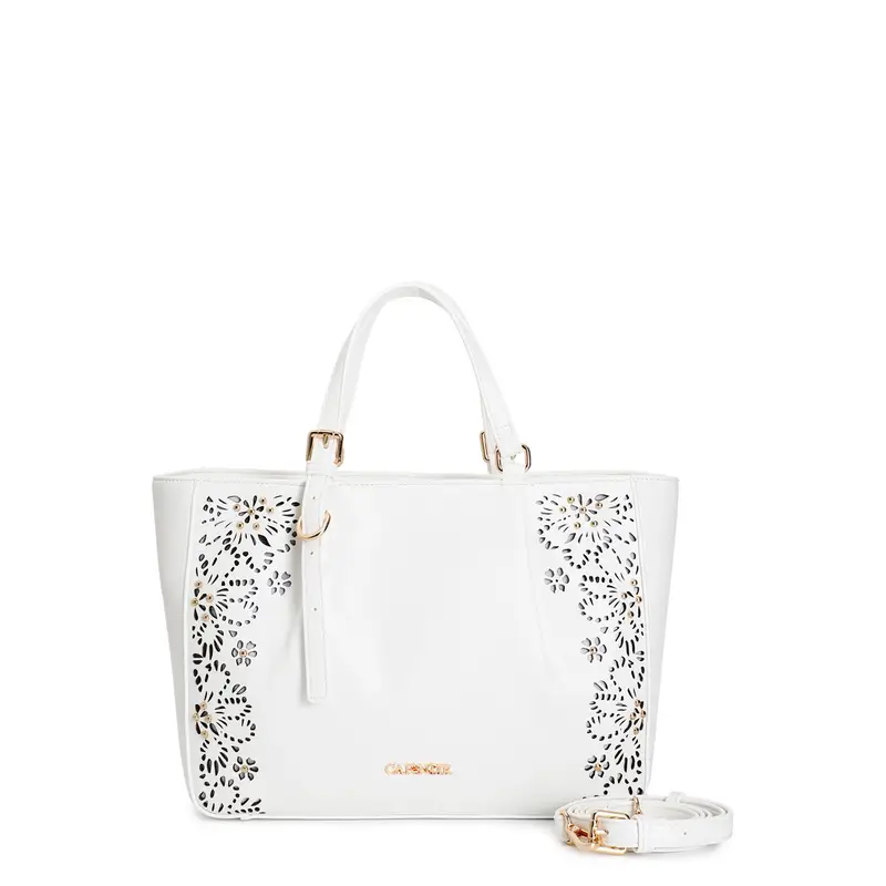 shopping floreale laserata con rivetti, manici regolabili e tracolla removibile bianco