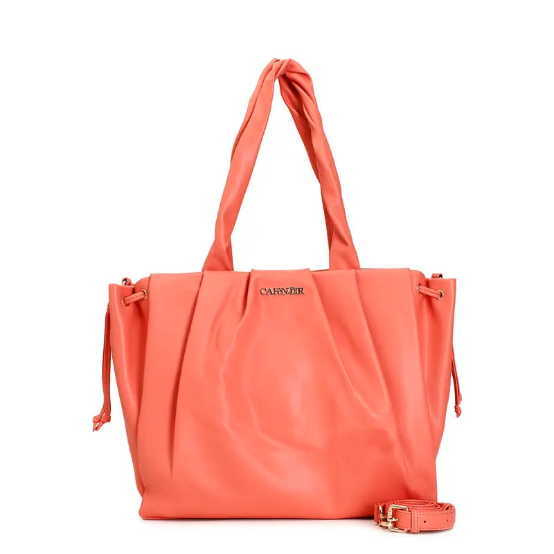 shopping morbida con pieghe e chiusura con calamita e coulisse laterali albicocca