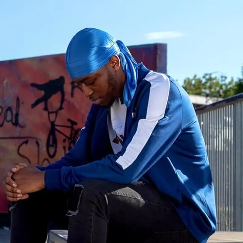 SHYNE Silky Durag - Blu | Perfetto per Waves, Trecce e Locs | Premium Silk Du Rags per Uomini e Donne | Coda Larga e Lunga | Raso Ultra Morbido e Senza Pieghe | Black-Owned Business miniatura 3