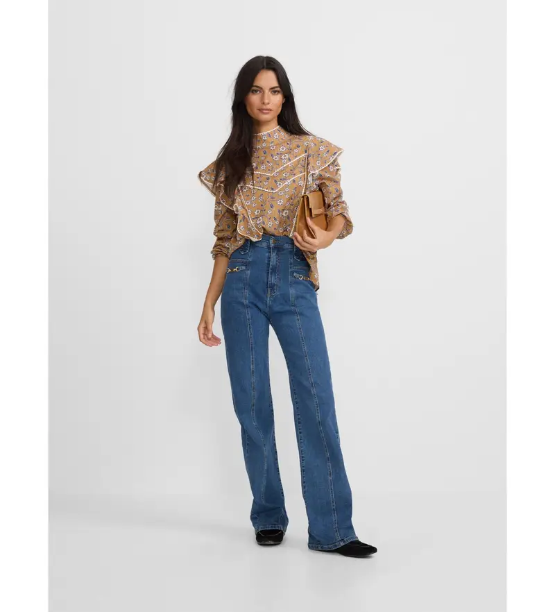 per donna 135144 Pantaloni dritti con dettaglio fibbia, blu (34), Casual, Cotone, Denim