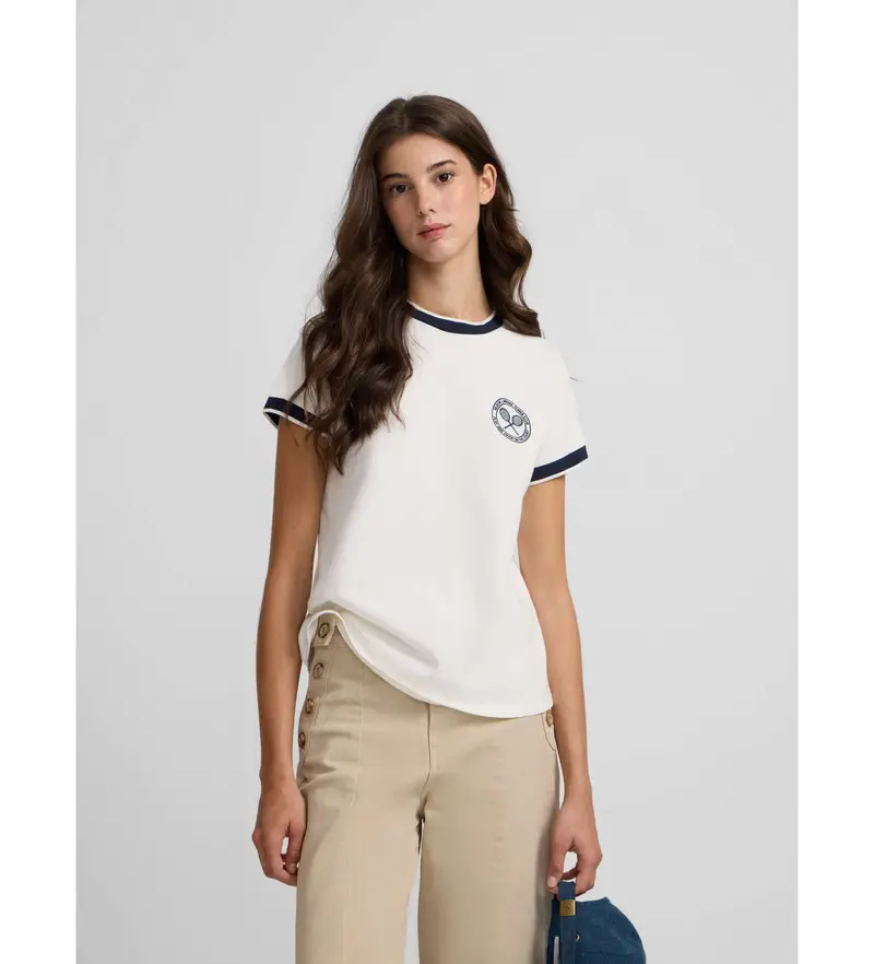 per donna 135186 Maglietta bianca della squadra universitaria (S), Bianco, Casual, Cotone, Manica corta Blu