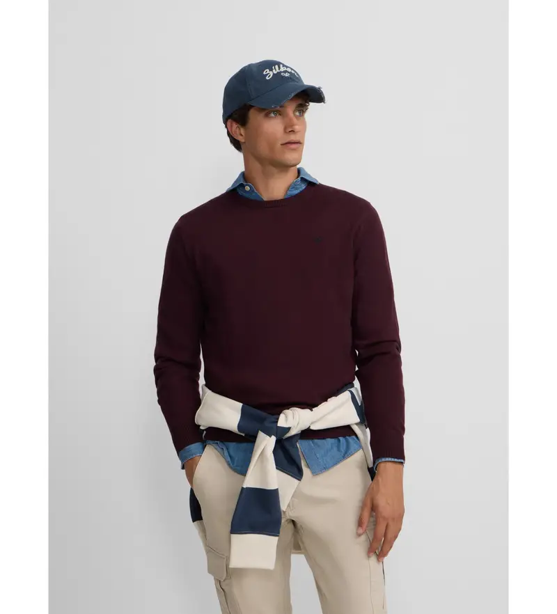 per uomo 133599 maglia classica girocollo color bordeaux (S), Casual, Cotone Blu