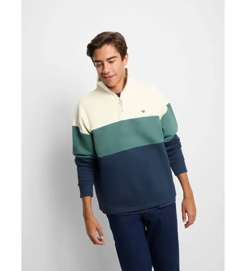 per uomo 133829 Felpa con mezza zip dalla vestibilità comoda con blocchi di colore blu navy e verde (S), Casual, Cotone